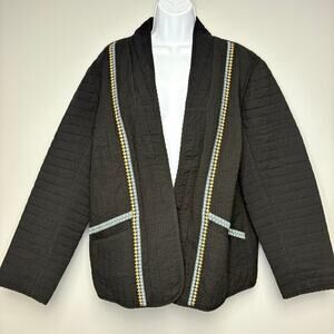 J. Jill Quilted Seersucker Lagenlook Embroidered Black Open Jacket Sz XL